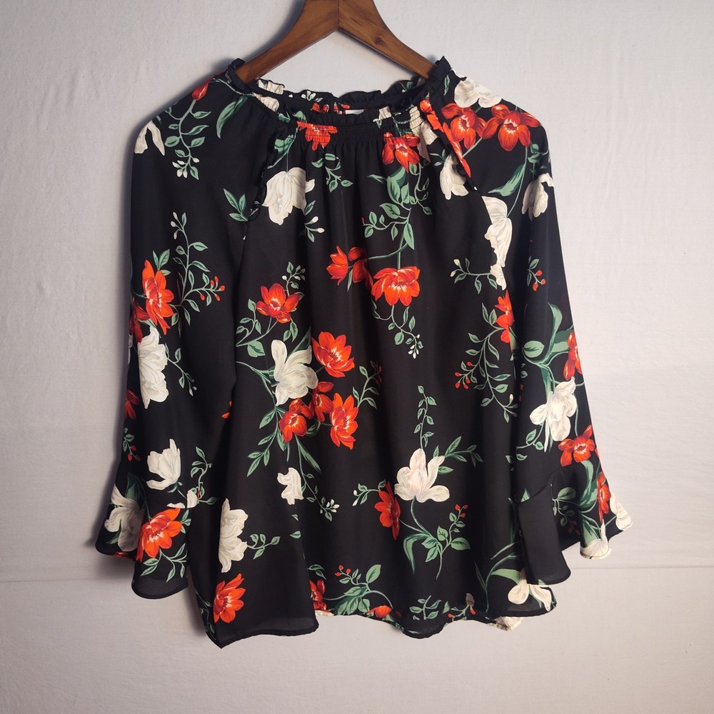 Old‎ Navy Black Floral Smocked Neck Bell Sleeve Blouse Top Large